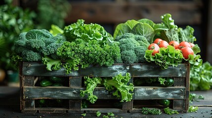 A crate full of fresh organic vegetables, including broccoli, kale, lettuce, and tomatoes - Powered by Adobe