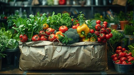 Still life of a variety of fresh organic vegetables in a brown paper bag