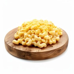 Plate of mac and cheese on the chopping block with sun rays isolated on white background  