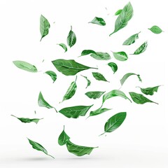 Realistic green leaves movement flying 3d rendering isolated on white background  