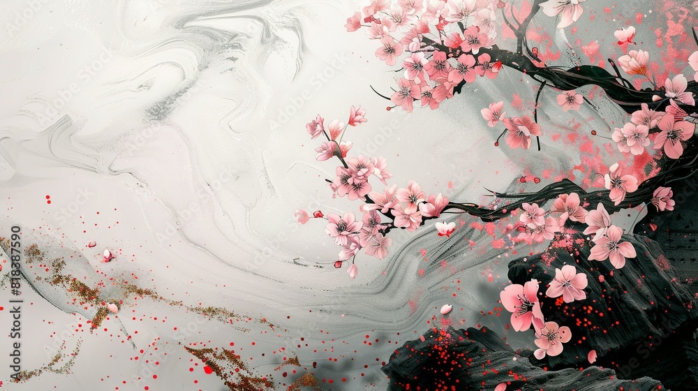 Wall mural modern oriental landscape banner: gold, black, and red textures with cherry blossoms