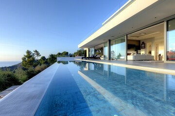 : A luxurious modern villa with a swimming pool that features a glass edge, creating a seamless visual effect with the surrounding landscape, captured in stunning detail.