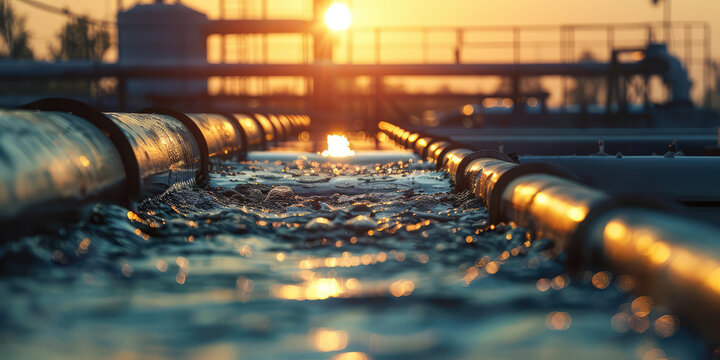 Closeup Water Treatment Plant at sunset. Water industry wallpaper, water purification outdoor water purification systems.