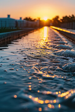 Closeup Water Treatment Plant at sunset. Water industry wallpaper, water purification outdoor water purification systems.