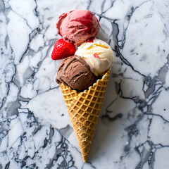 strawberry, vanilla, chocolate ice cream worth waffle cone on marble stone backgrounds