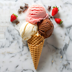 strawberry, vanilla, chocolate ice cream worth waffle cone on marble stone backgrounds