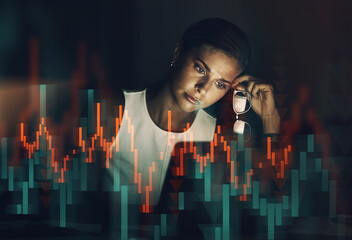 Woman, laptop and stress with overlay at night for investment, financial risk or stock market...
