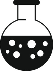 Black and white vector icon of a roundbottom flask with effervescing liquid, depicting chemical reaction