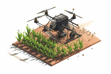 Unmanned smart drone provides precision agriculture applications via isometric illustration for corn crops, enhancing aerial field vehicle technology