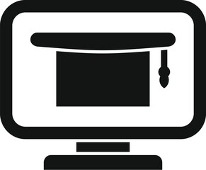 Black and white vector icon of a graduation cap on a computer monitor, symbolizing online education
