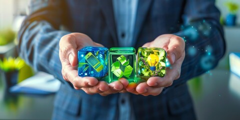 Businessman holding three interlocking cubes with green, blue and yellow color blocks on them.