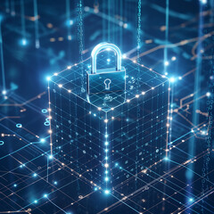 Glowing digital lock on a cube formed by a network of lines and dots, symbolizing digital security. Conceptual representation of cybersecurity, with binary code elements. Blue color theme