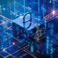 A 3D padlock in a digital data stream, symbolizing cybersecurity. Reflective surface mirrors glowing circuits. Visual synergy between physical security and digital data protection.