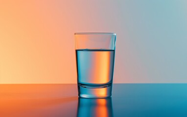 Glass of water on the table against a gradient background of light blue and orange in the minimalist style.