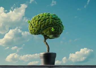 A green bonsai tree shaped like the human brain on a wooden table with a blue sky background