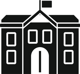 Simplified black and white icon of a government building with flag, suitable for web and print