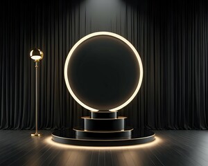 Black luxury background podium stage product with lamp light effect and isolated 3D render
