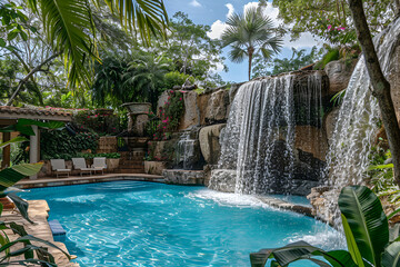 Swimming pool with waterfall