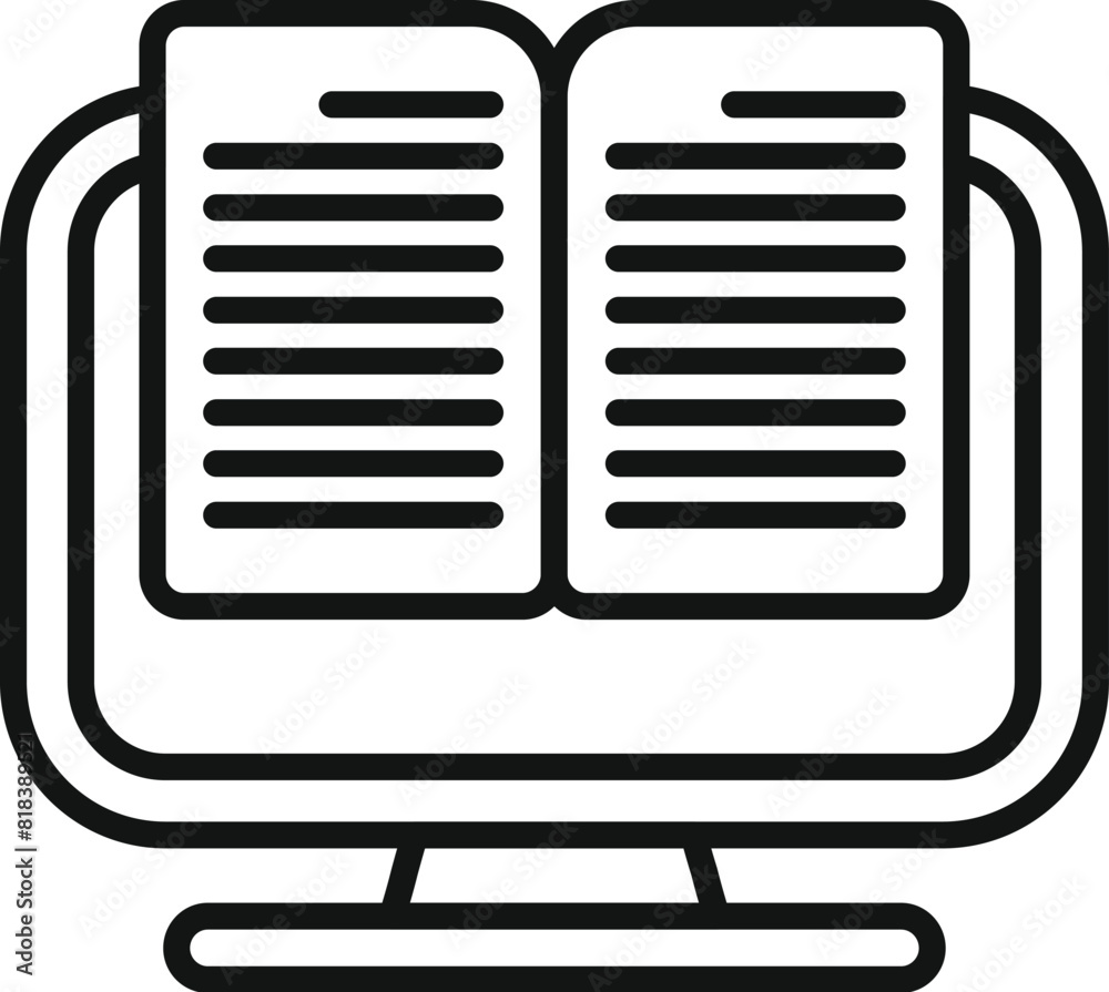 Wall mural black and white icon of an ebook open on a computer monitor, symbolizing online reading