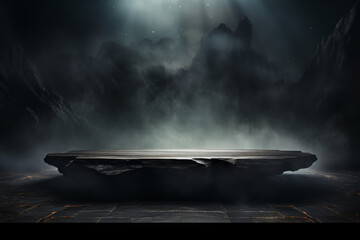 Podium black dark smoke background product platform abstract stage texture fog spotlight. Dark black floor podium dramatic empty night room table concrete wall scene place display studio smoky dust