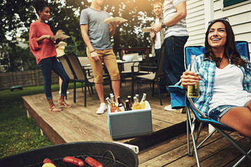 Outdoor, gathering and barbecue for woman, group and break for reunion in weekend and party in...
