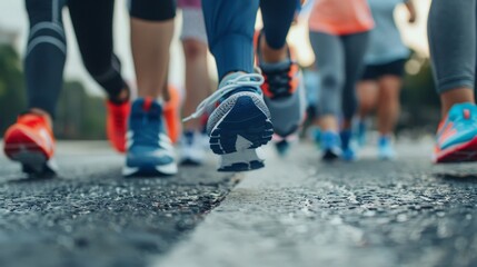 a close up group of people running, jogging  or walking on pavement  