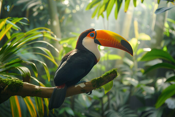 Toucan sitting on the branch in the forest, green vegetation, Costa Rica. Nature travel in central America. Two Keel-billed Toucan, Ramphastos