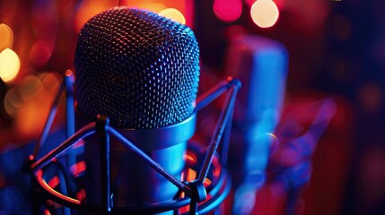 Close-up of a microphone with a vibrant, illuminated background, capturing the essence of live...