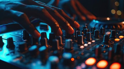 Close-up of a DJ's hands adjusting sound mixer controls in a vibrant, colorful lighting setting during a music event or party.