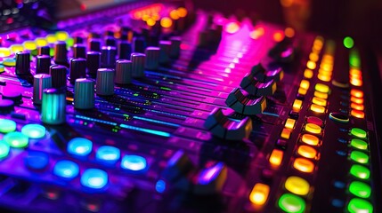 Close-up of a vibrant and colorful audio mixing console with illuminated buttons and knobs, showcasing professional music production equipment.