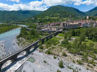 Aerial view of Bobbio village and its ancient bridge