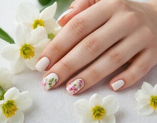 Female hands with beautiful spring blooming flowers nail design. 