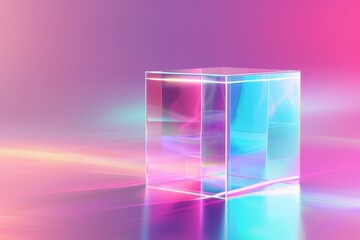 Fototapeta premium Abstract background with neon light, colorful glass box and white glowing lines on a pastel gradient.