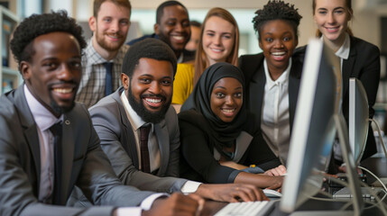Group of happy multiethnic business people in formal wear gathered around computer in office, Diverse team collaborating in office, Multicultural business team brainstorming, Happy employees working t