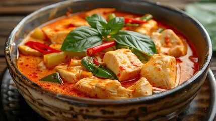 Fototapeta premium A bowl of red curry with tofu, vegetables and basil leaves on top.