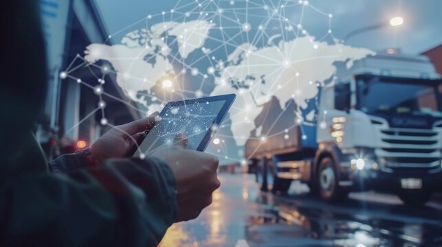 Transport and logistic concept, Freight shipping online, Businessman using tablet and data for global logistic network distribution on world map background, Business and technology 