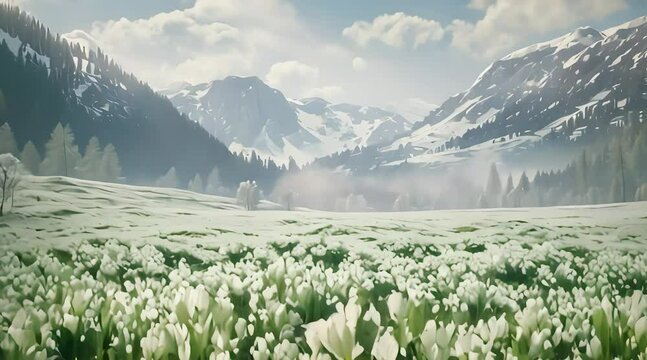 snowdrop flower field view. 4k video