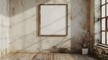 Blank picture frame on grunge wall background.