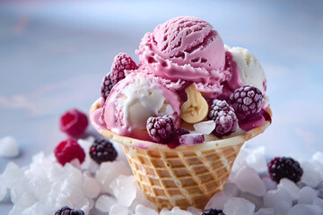 vanilla and pink ice cream in a pial with frozen berries and waffle cone