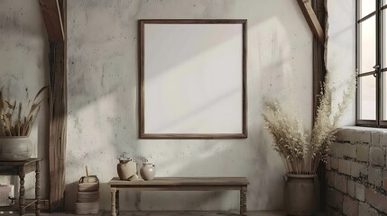 Blank picture frame on the aged wall in shabby chic interior