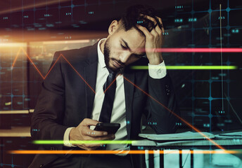Businessman, graph and cellphone with overlay in office for research and stock market at night....