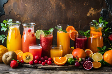 Various freshly squeezed fruits juices