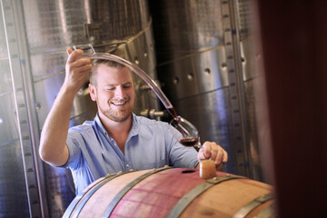 Man, happy and wine maker with glass as manager for tasting, process and production. Supplier,...
