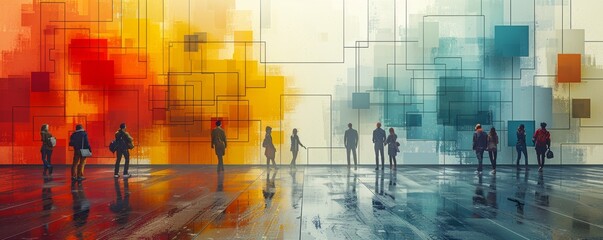 Fototapeta premium Business collage with business people working together on digital tablets, financial charts and icons in the style of modern geometric shape pattern background banner
