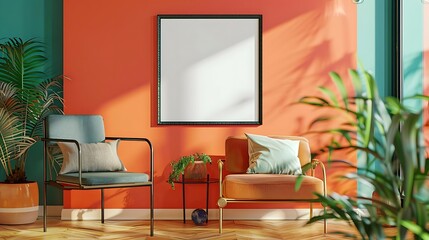 The image shows a living room with a large orange wall