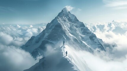 The mountain is covered with snow and clouds. The sky is blue and the sun is shining. The mountain climber is standing on the peak of the mountain and looking at the view.