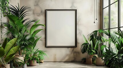 The photo is of a room with a large window, a marble floor, and several potted plants. There is a blank frame on the wall.