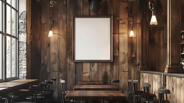 The photo shows a rustic wooden interior of a bar or restaurant with a large blank frame on the wall.
