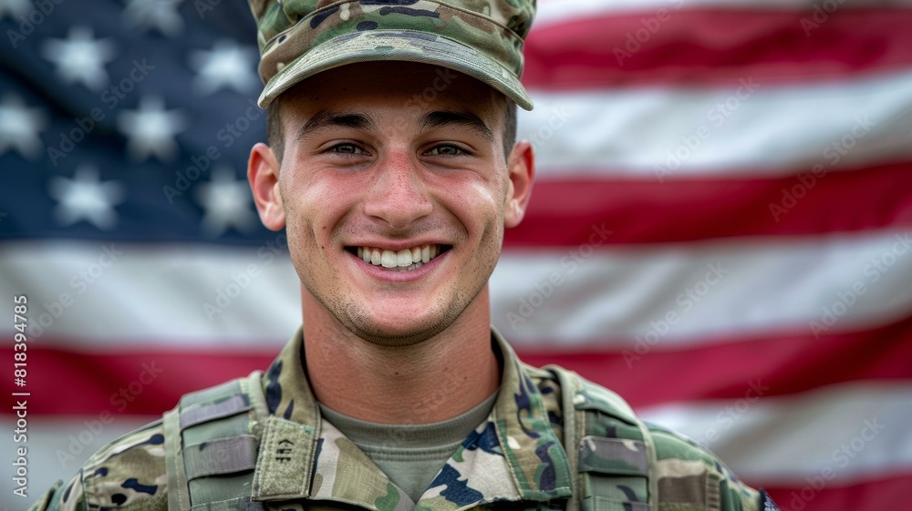 Wall mural smiling young caucasian military man in uniform in front of american flag. - Wall murals