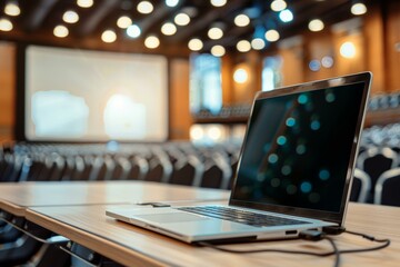 Modern laptop foreground with blurry conference hall and projector in background, business and technology themes.
